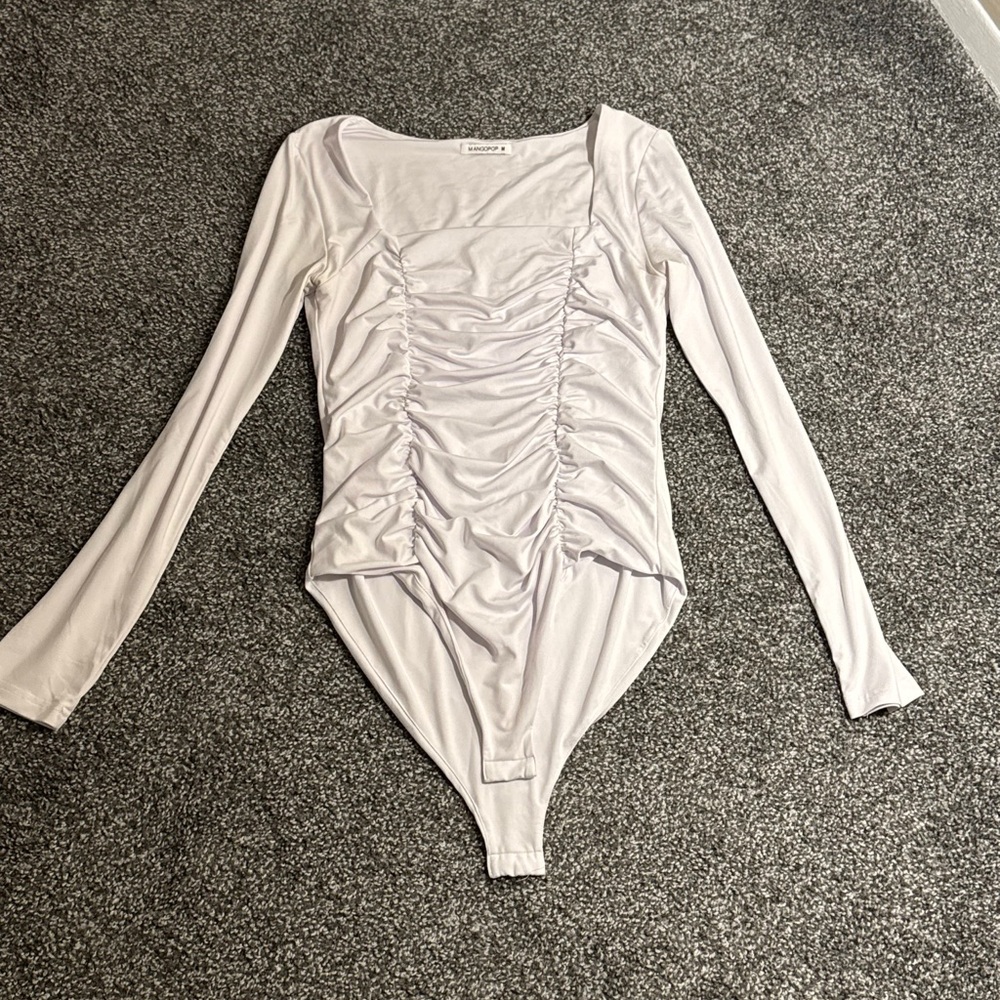White Long Sleeve Ruched Bodysuit